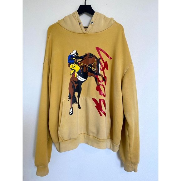 Bossi Cowboy Hoodie Mustard Western Print Oversized Mens XL Yellow Unisex Loose - Picture 7 of 14
